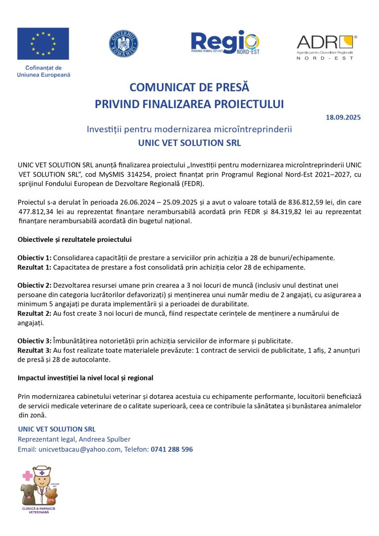 Comunicat de presă UNIC VET SOLUTION SRL