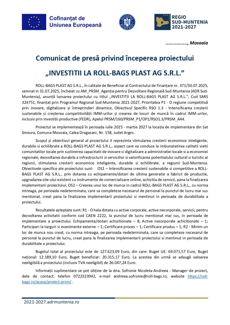 Comunicat de presă ROLL-BAGS AG SRL