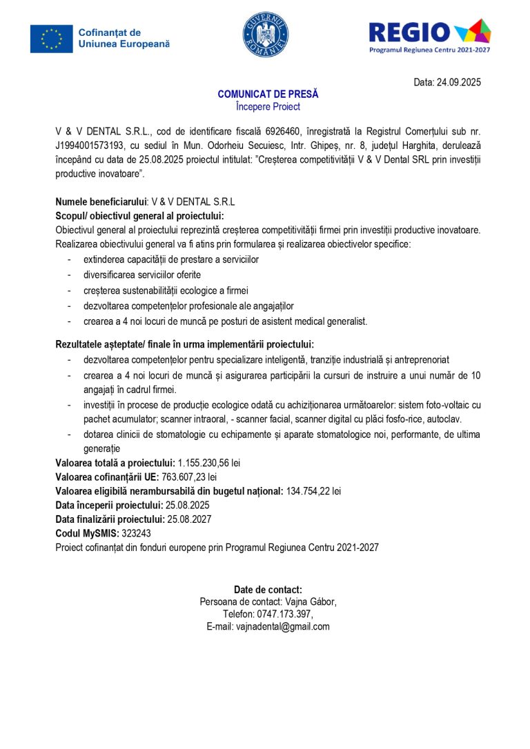 Comunicat de presă V&V Dental SRL