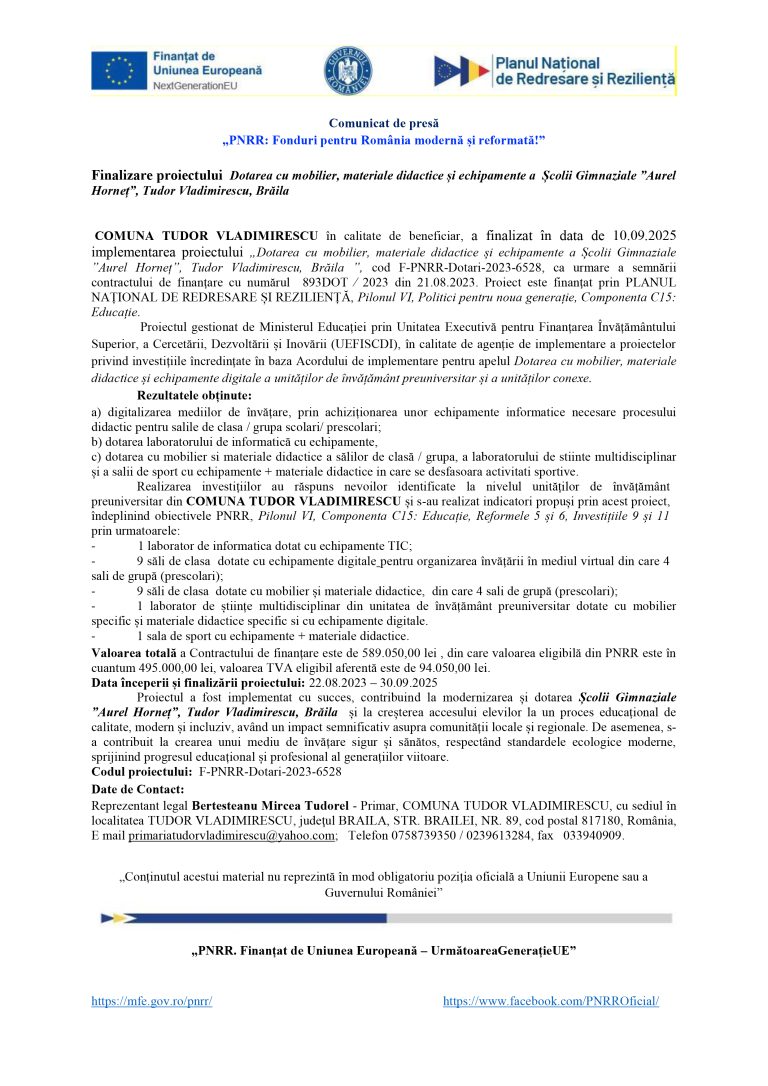 Comunicat de presă COMUNA TUDOR VLADIMIRESCU