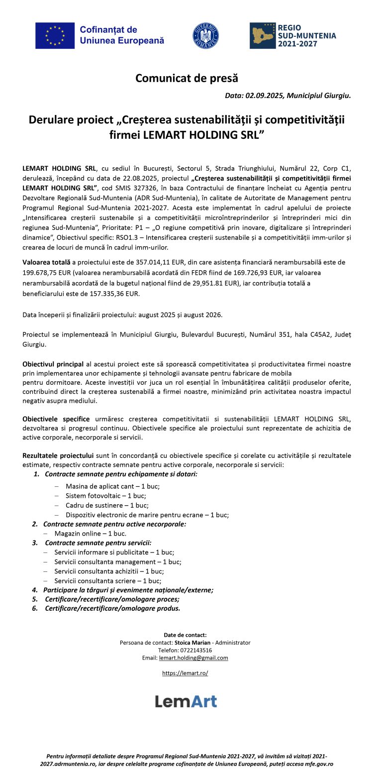 Comunicat de presă LEMART HOLDING SRL