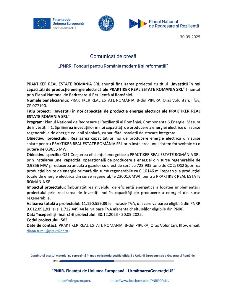 Comunicat de presă PRAKTIKER REAL ESTATE ROMÂNIA SRL