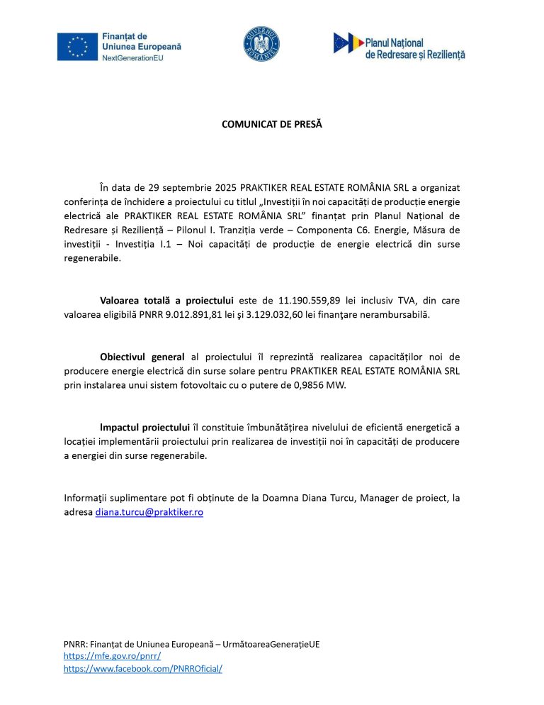 Comunicat de presă PRAKTIKER REAL ESTATE ROMÂNIA SRL