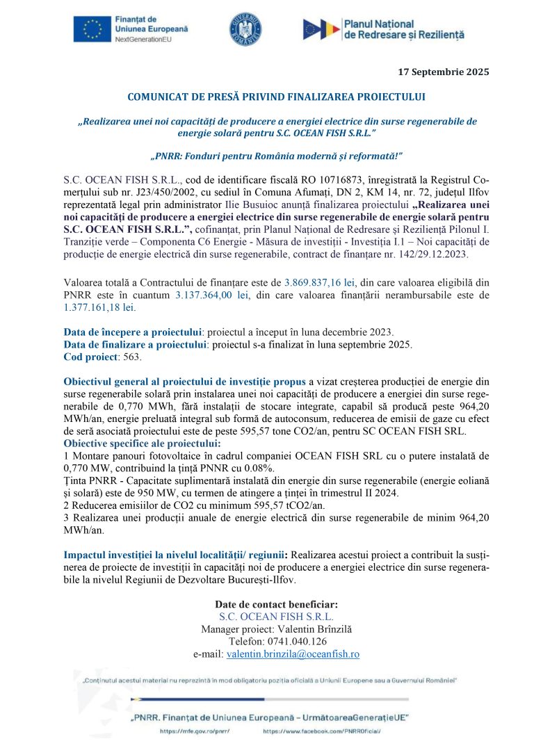 Comunicat de presă S.C. OCEAN FISH S.R.L.