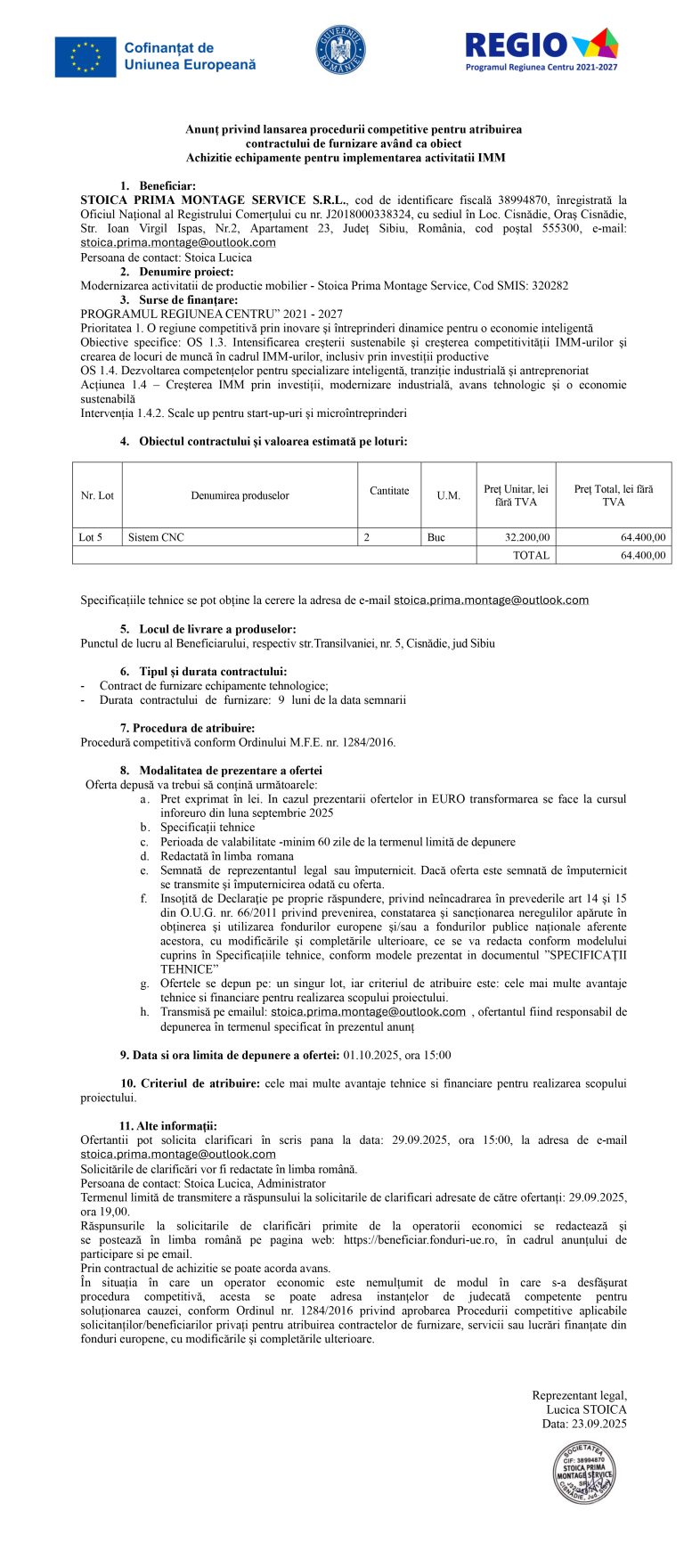 Comunicat de presă STOICA PRIMA MONTAGE SERVICE SRL
