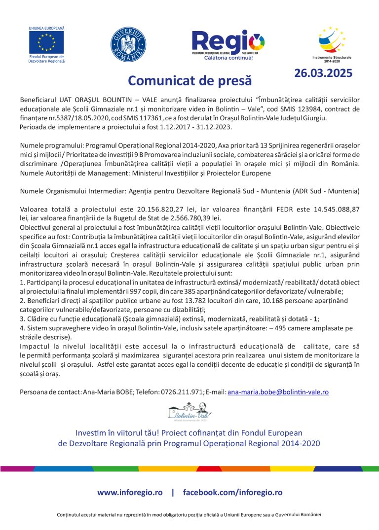 Comunicat de presă UAT ORAȘUL BOLINTIN – VALE