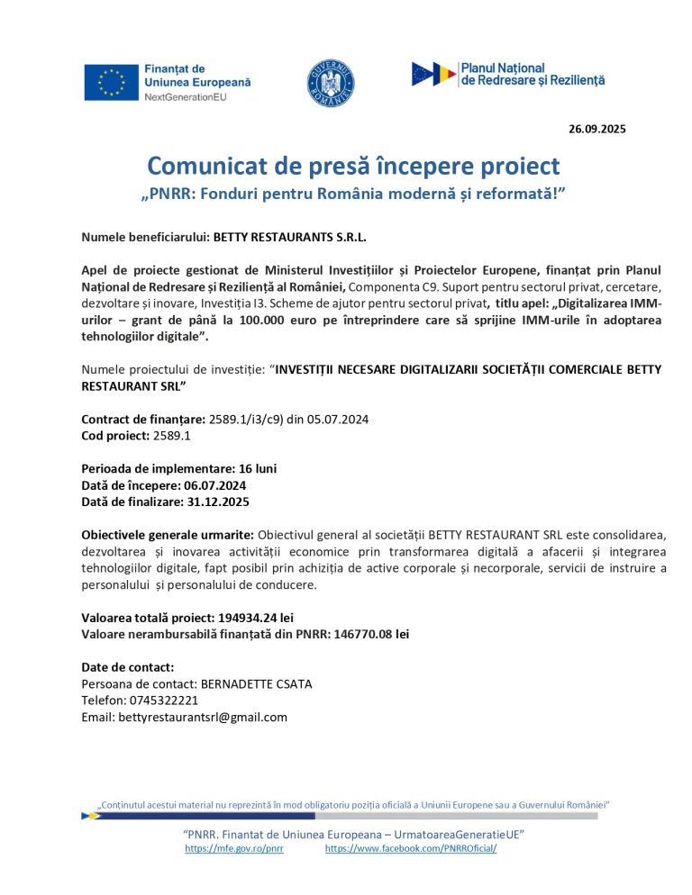 Comunicat de presă BETTY RESTAURANTS SRL