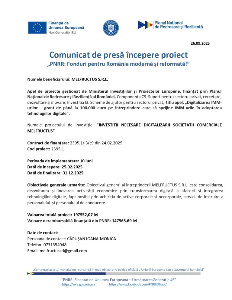 Comunicat de presă MELFRUCTUS S.R.L.