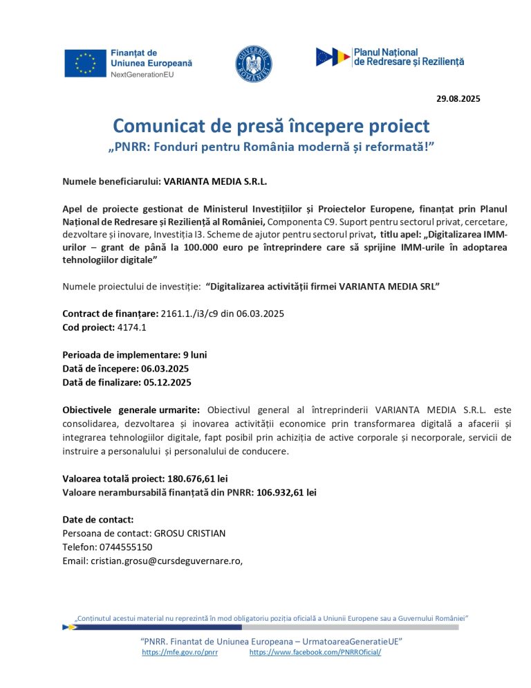 Comunicat de presă VARIANTA MEDIA S.R.L.