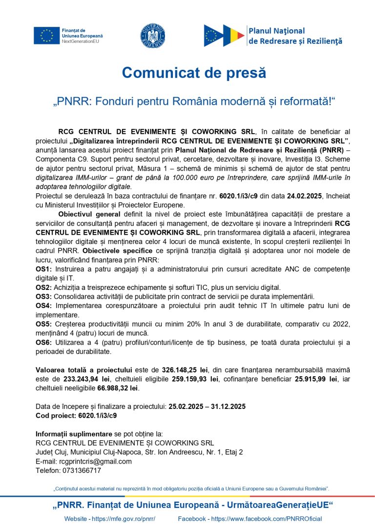 Comunicat de presă RCG CENTRUL DE EVENIMENTE ȘI COWORKING SRL