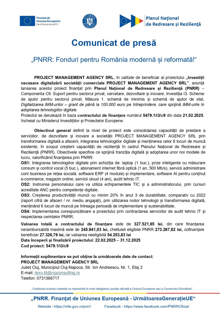 Comunicat de presă PROJECT MANAGEMENT AGENCY SRL