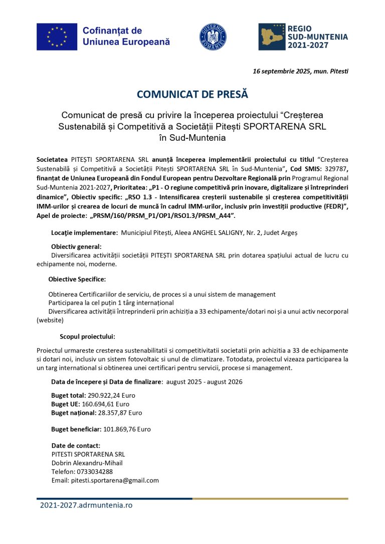Comunicat de presă PITEȘTI SPORTARENA SRL