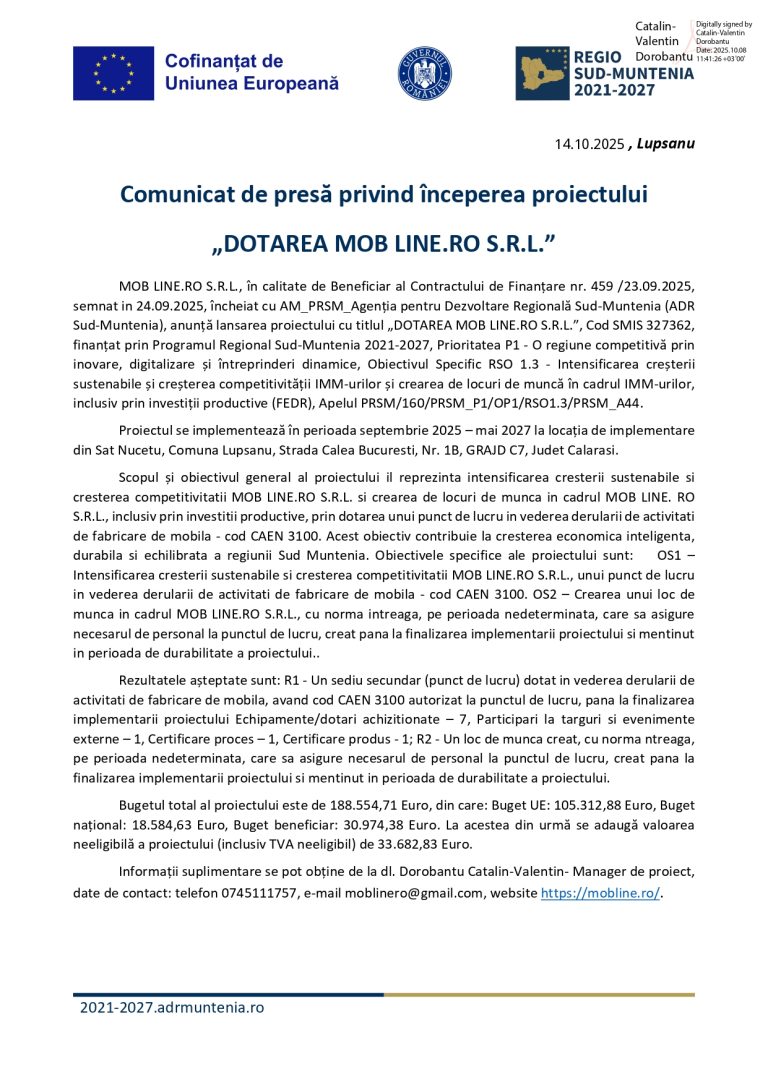 Comunicat de presă MOB LINE.RO SRL
