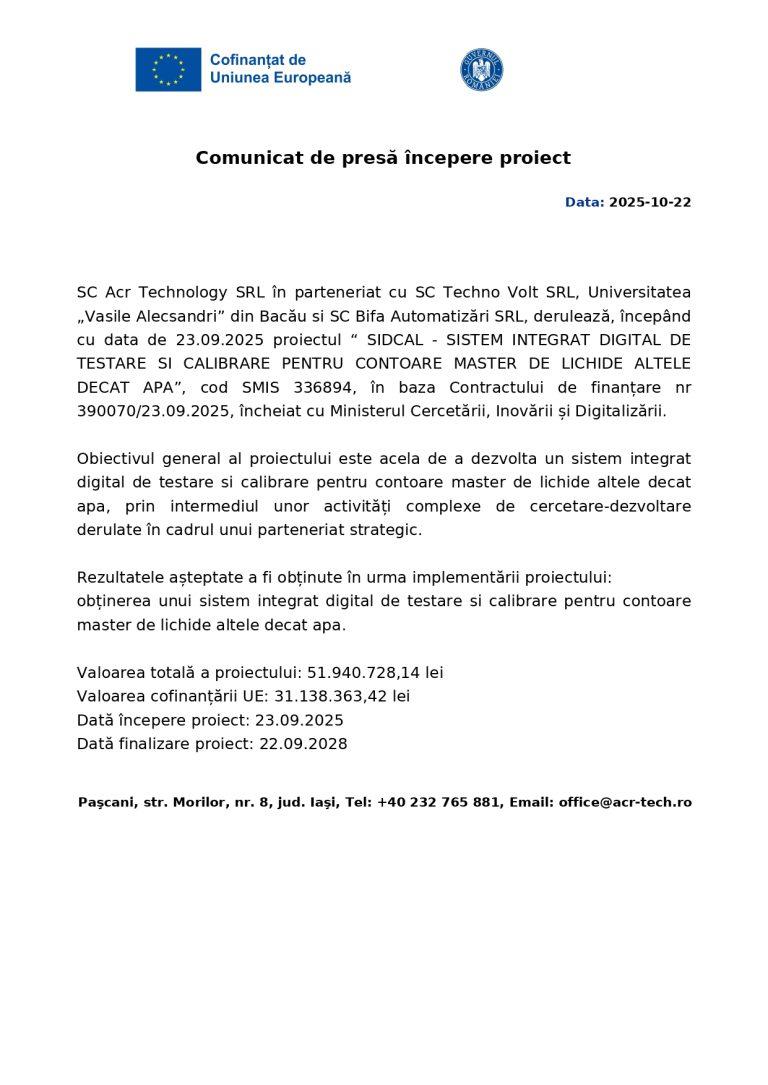 Comunicat de presă SC ACR TECHNOLOGY SRL