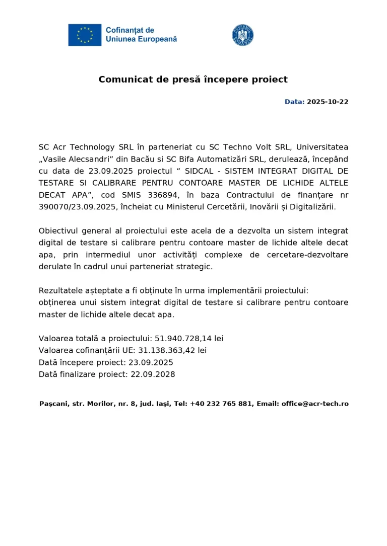 Comunicat de presă SC ACR TECHNOLOGY SRL