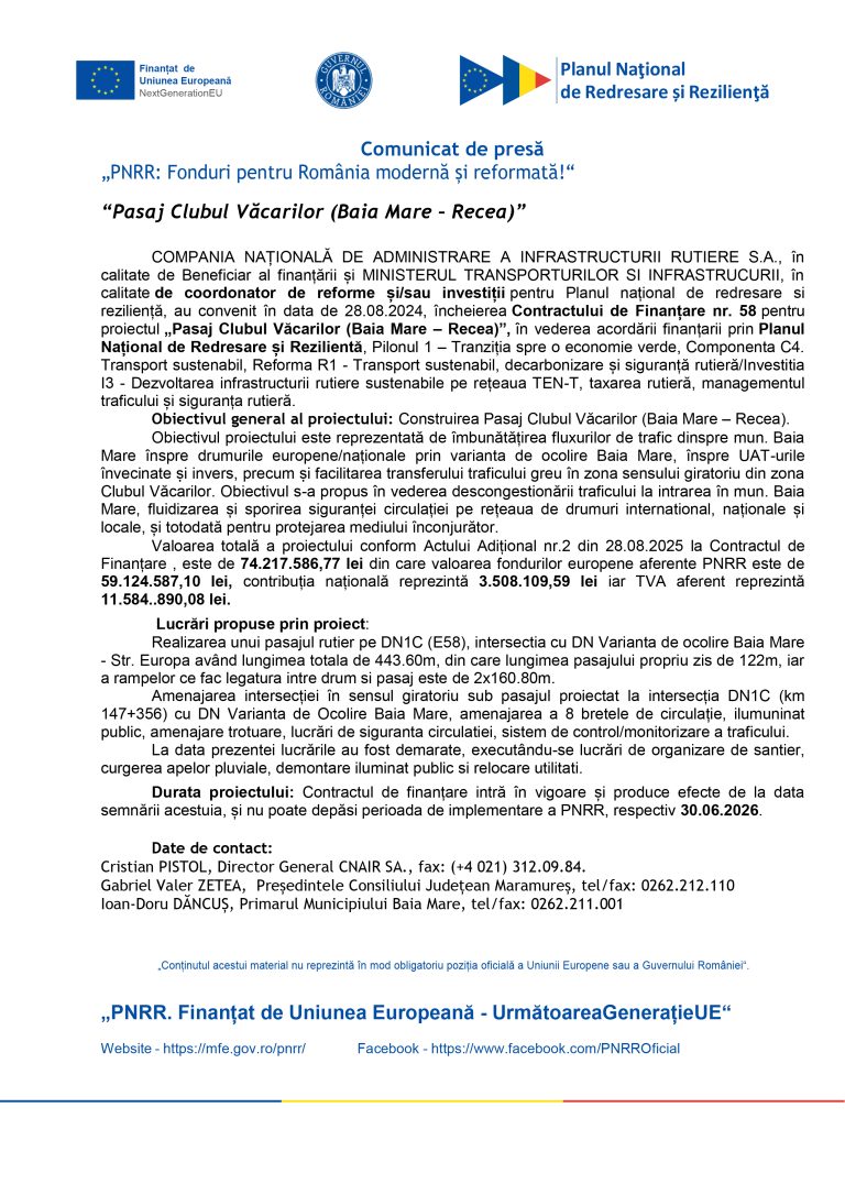 Comunicat de presă COMPANIA NAȚIONALĂ DE ADMINISTRARE A INFRASTRUCTURII RUTIERE S.A.