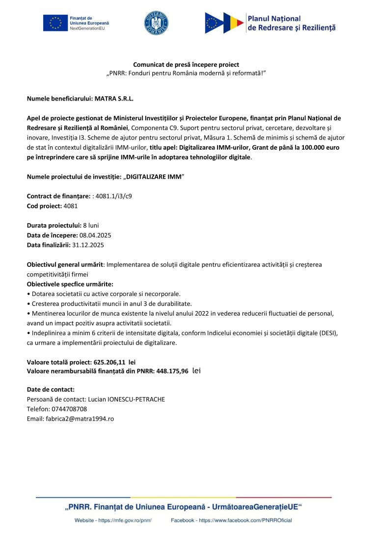 Comunicat de presă MATRA S.R.L.