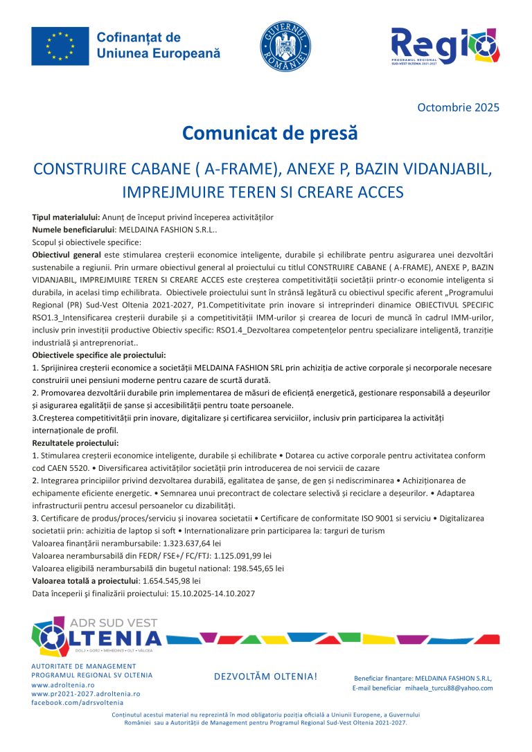 Comunicat de presă MELDAINA FASHION S.R.L.