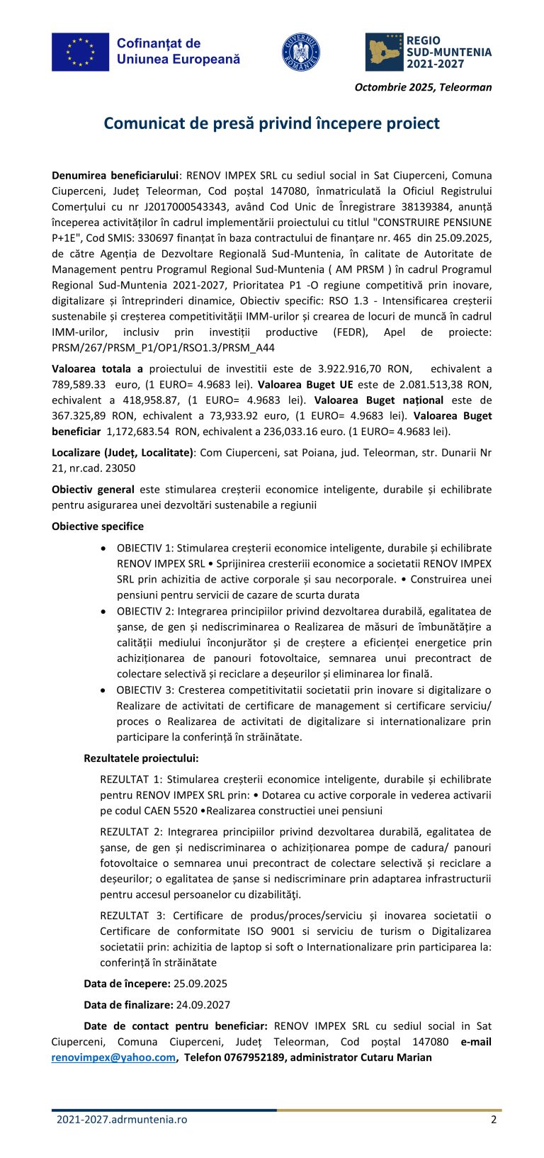 Comunicat de presă RENOV IMPEX SRL