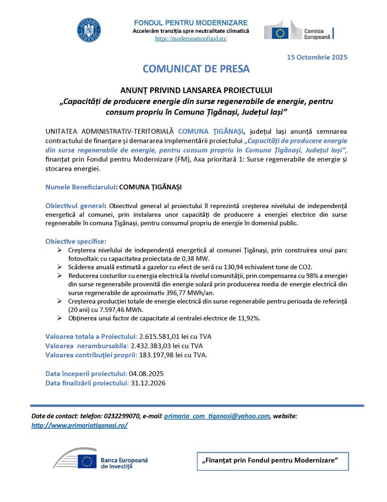 Comunicat de presă UAT COMUNA TIGANAȘI