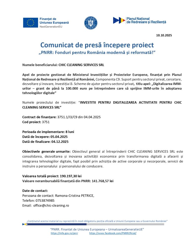 Comunicat de presă CHIC CLEANING SERVICES SRL