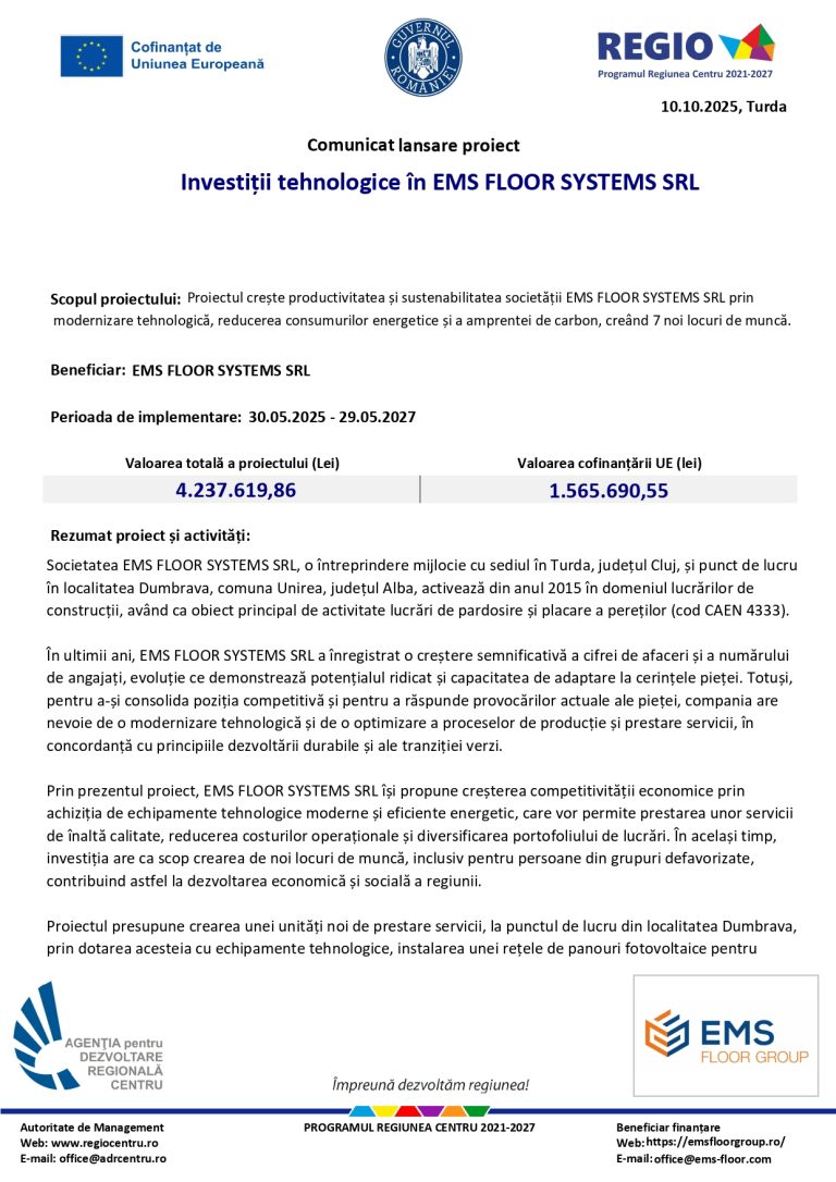 Comunicat de presă EMS FLOOR SYSTEMS SRL