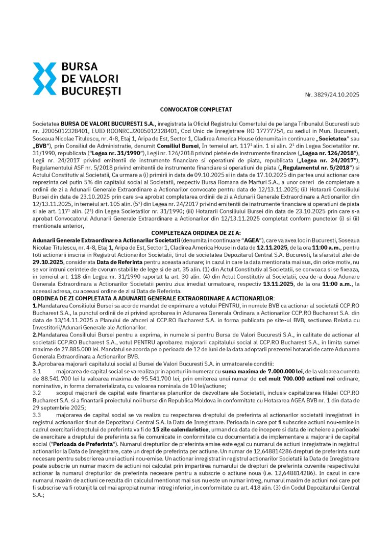 CONVOCATOR COMPLETAT BURSA DE VALORI BUCUREȘTI S.A.