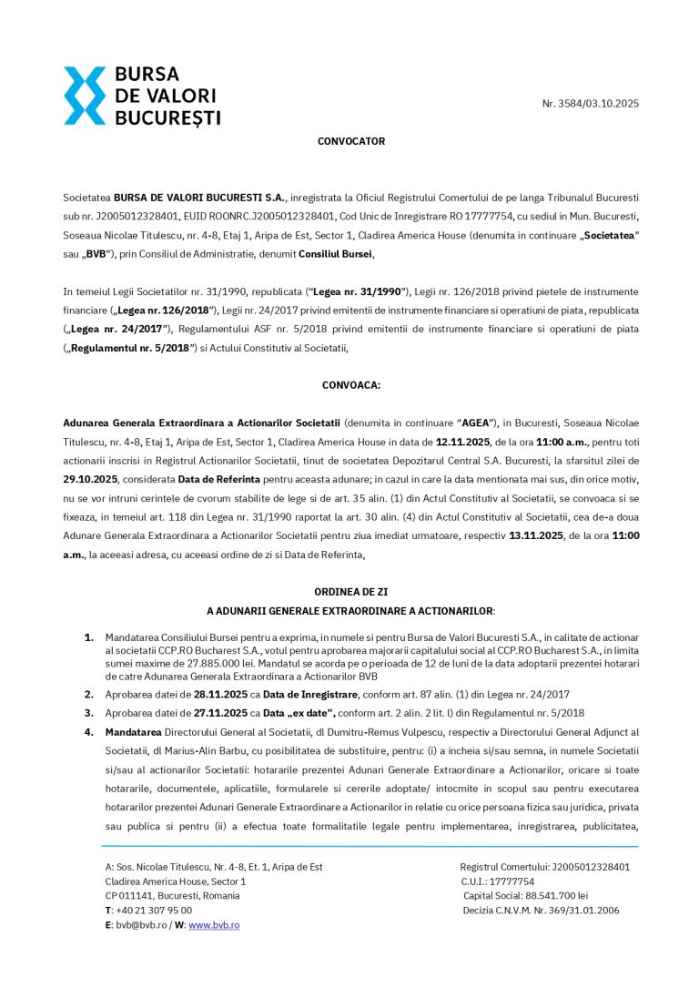 Convocator BURSA DE VALORI BUCURESTI S.A.