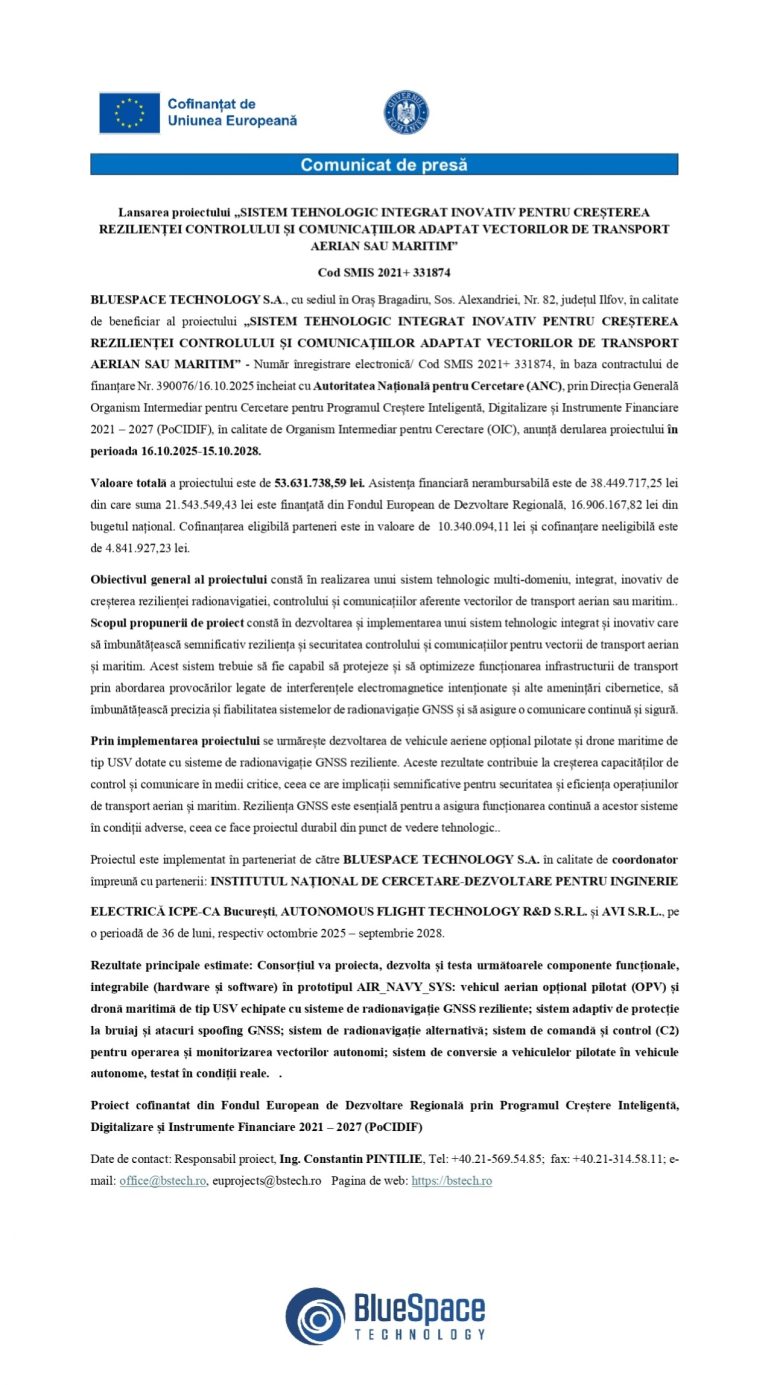 Comunicat de presă BLUESPACE TECHNOLOGY S.A.