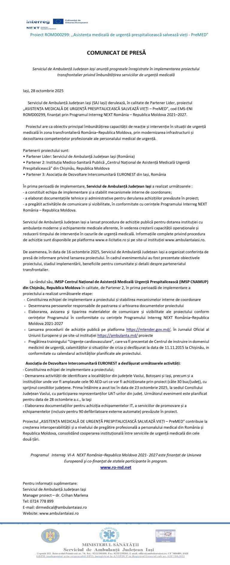 COMUNICAT DE PRESĂ (ARTICOL) pentru proiectul „ASISTENȚA MEDICALĂ DE URGENȚĂ PRESPITALICEASCĂ SALVEAZĂ VIEȚI – PreMED”, cod EMS-ENI ROMD00299, finanțat prin Programul Interreg NEXT România – Republica Moldova 2021–2027