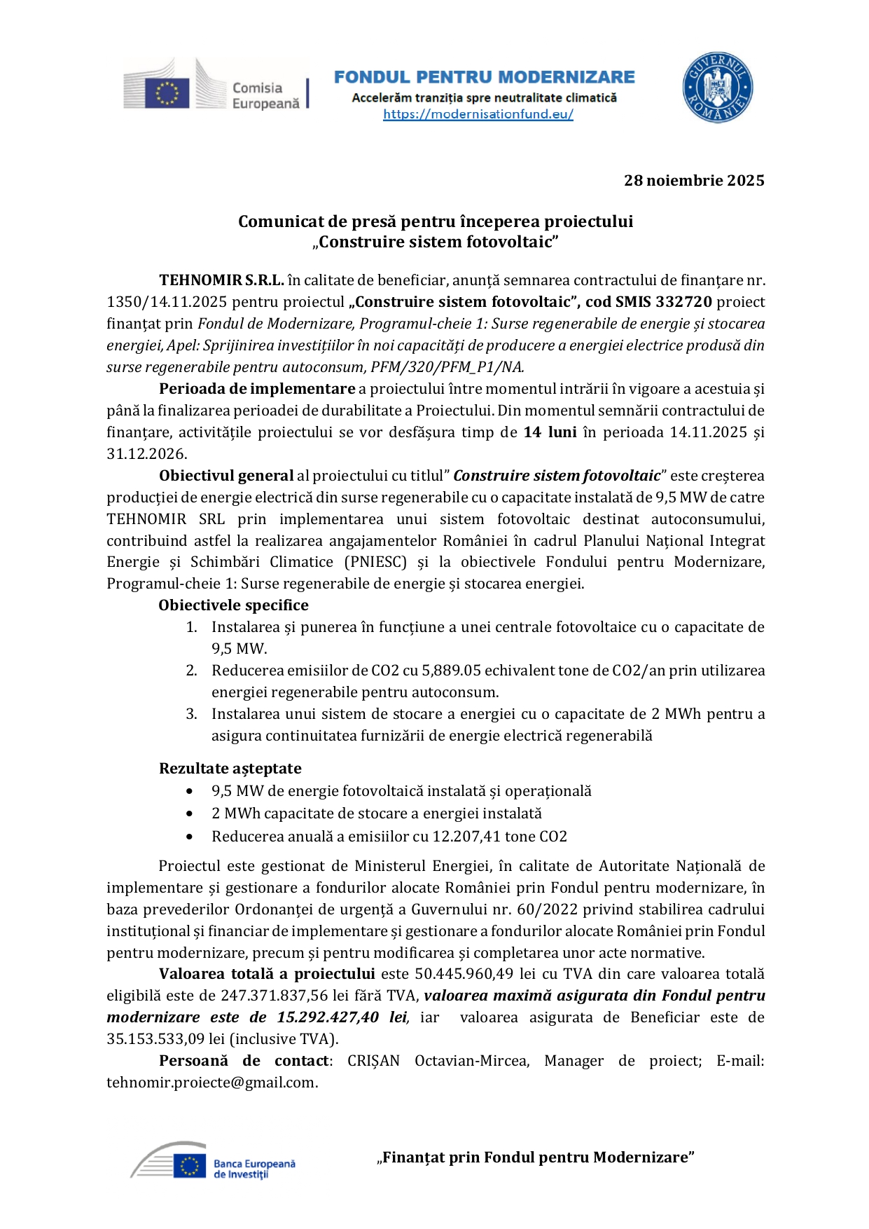 Comunicat de presă pentru începerea proiectului „Construire sistem fotovoltaic” TEHNOMIR S.R.L. - Ziarul National