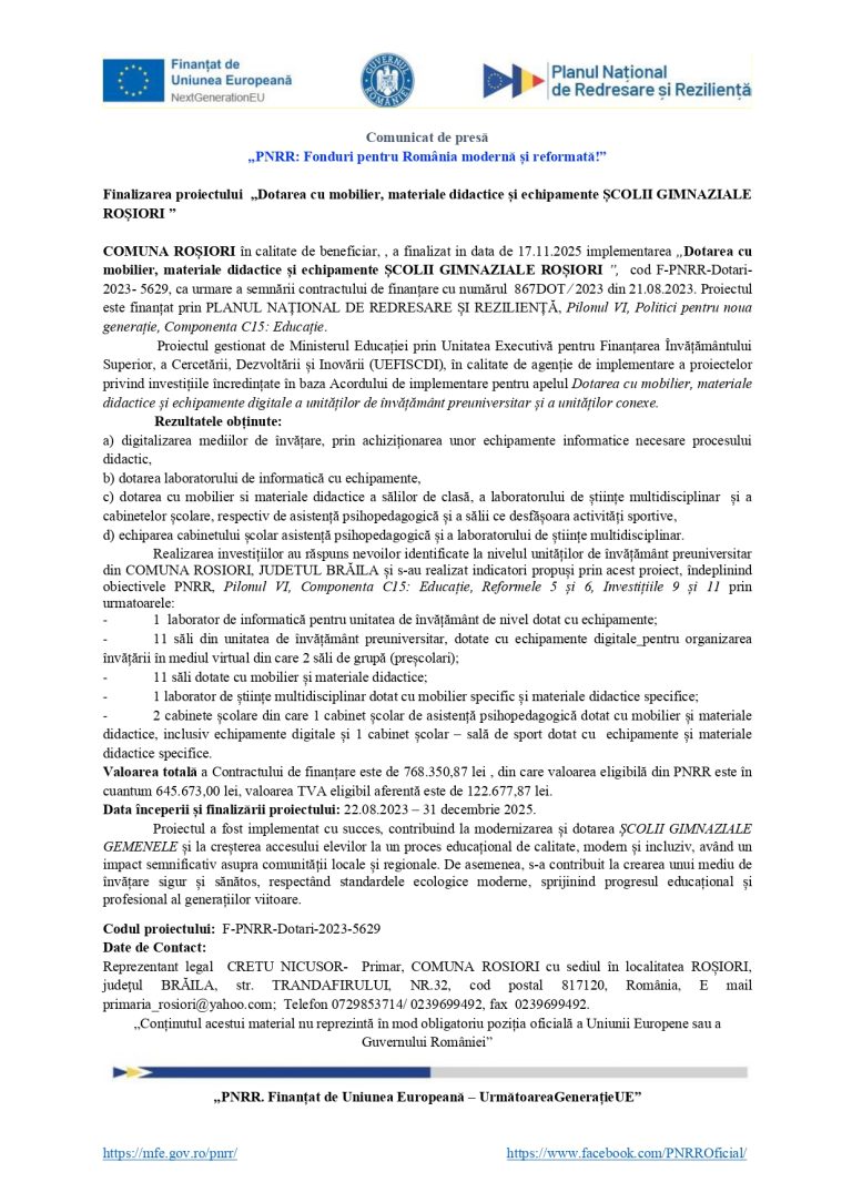 Comunicat de presă COMUNA ROȘIORI