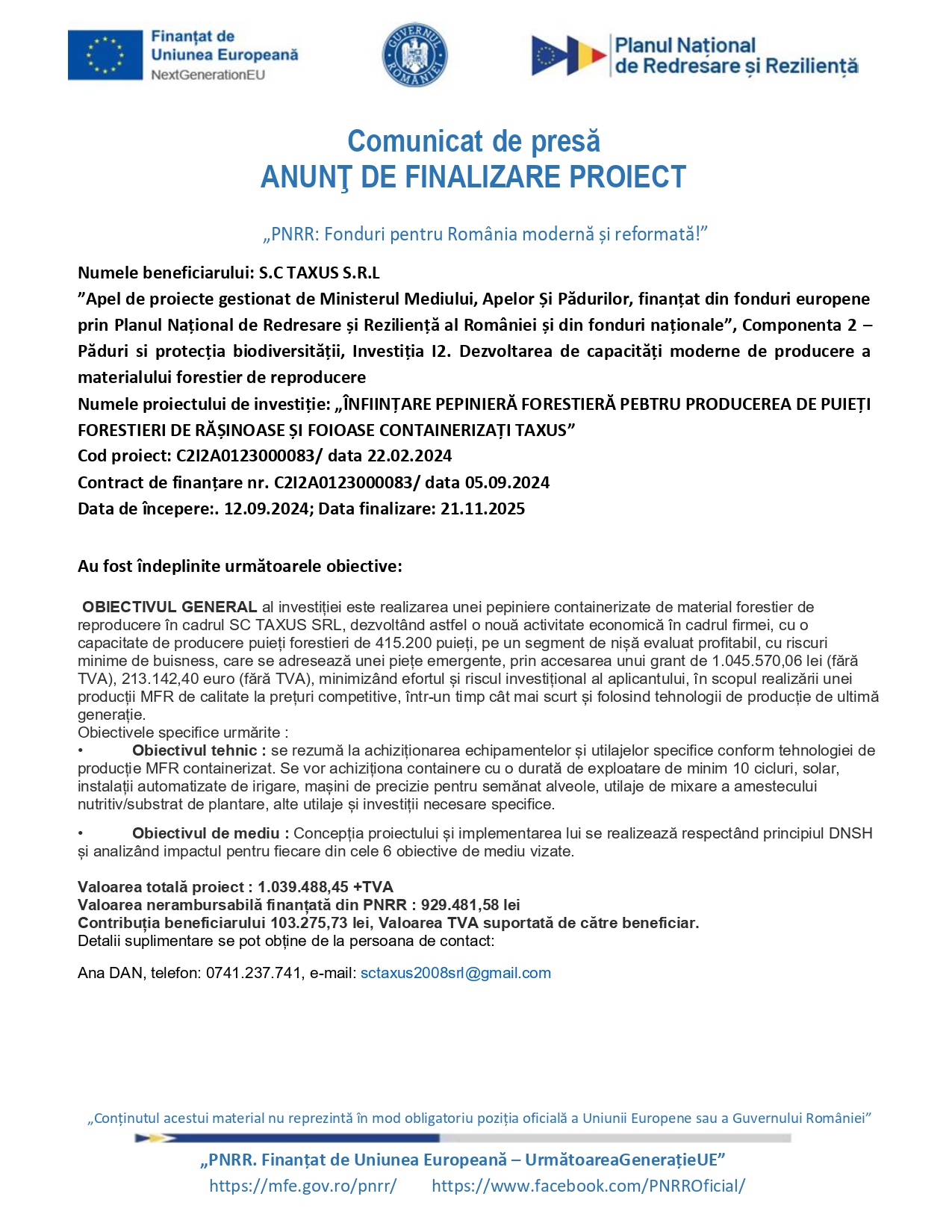 Comunicat de presă TAXUS SRL - Ziarul National