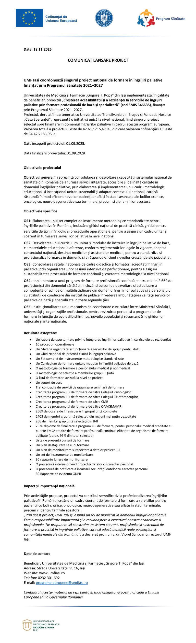 Comunicat de presă Universitatea de Medicină și Farmacie „Grigore T. Popa” din Iași