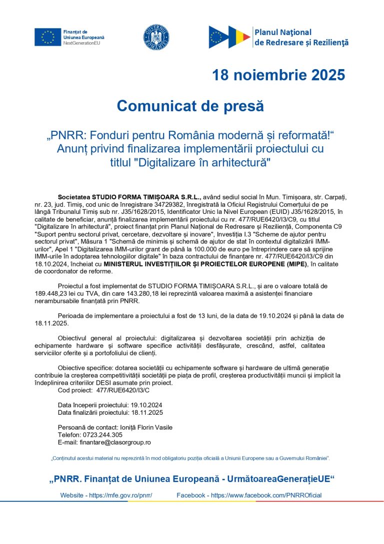Comunicat de presă STUDIO FORMA TIMIȘOARA S.R.L.