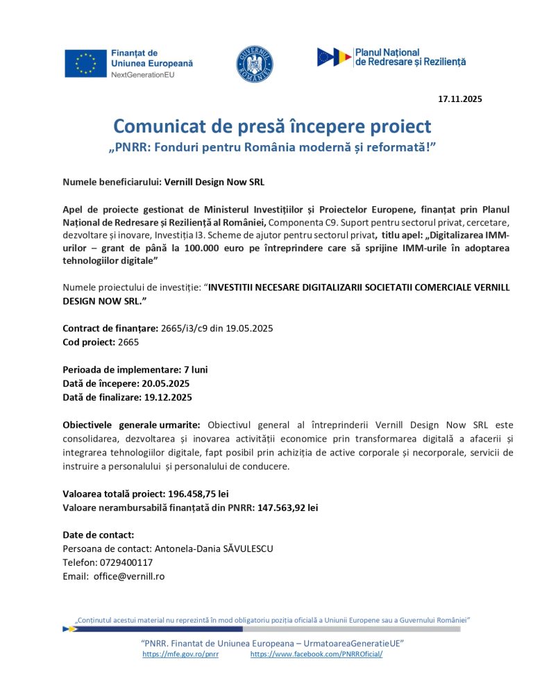 Comunicat de presă Vernill Design Now SRL