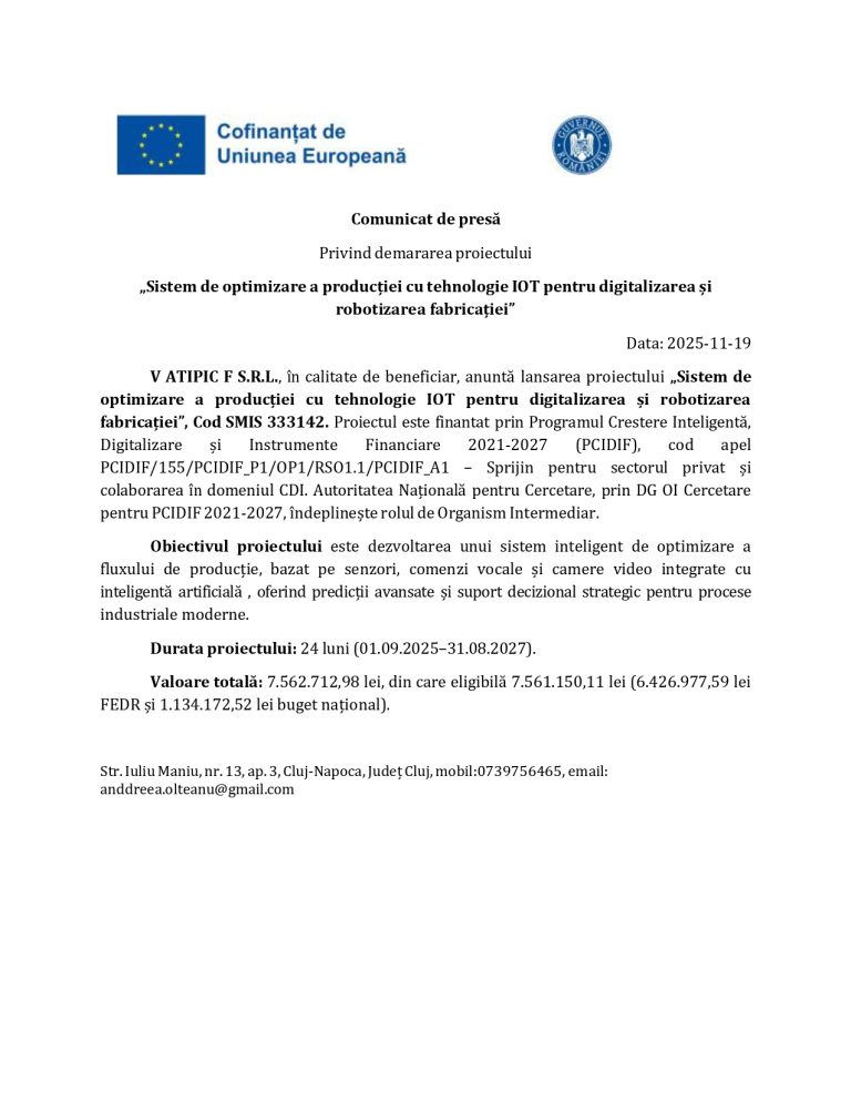 Comunicat de presă V ATIPIC F S.R.L.