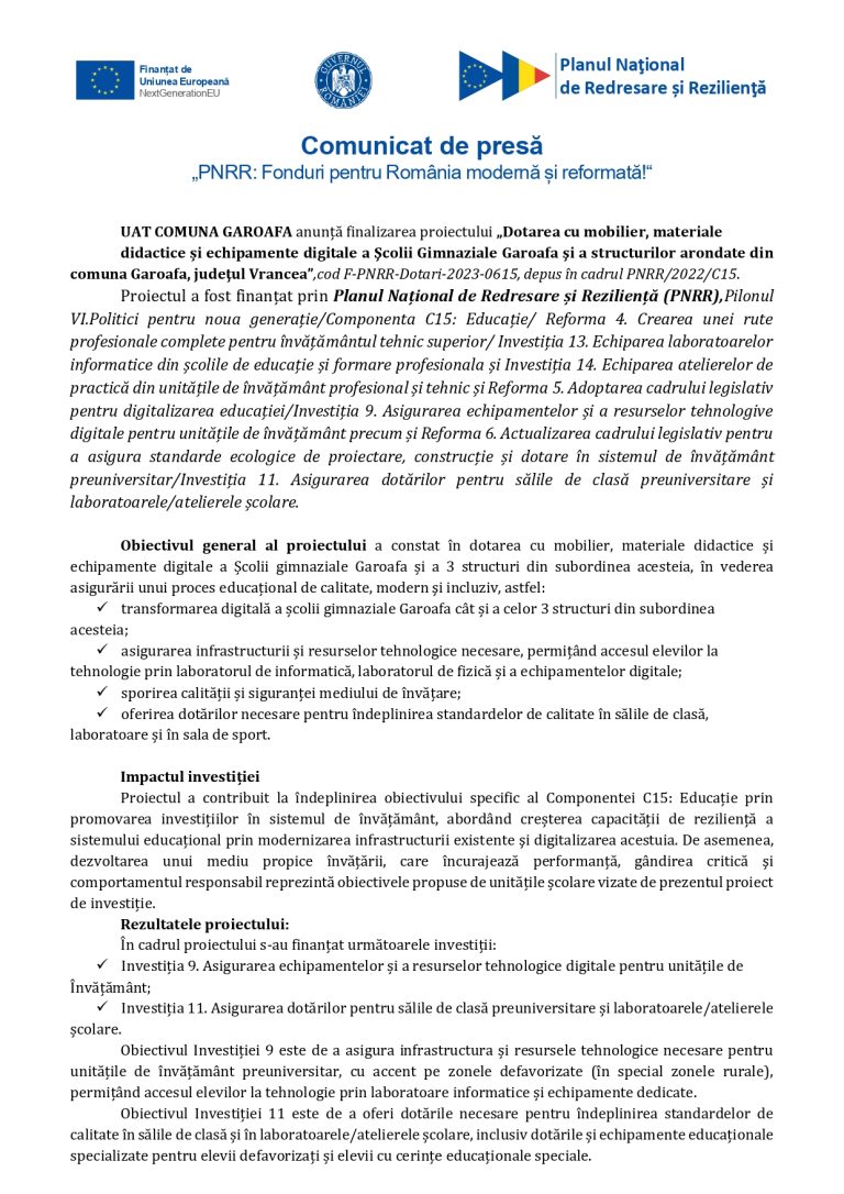 Comunicat de presă UAT COMUNA GAROAFA