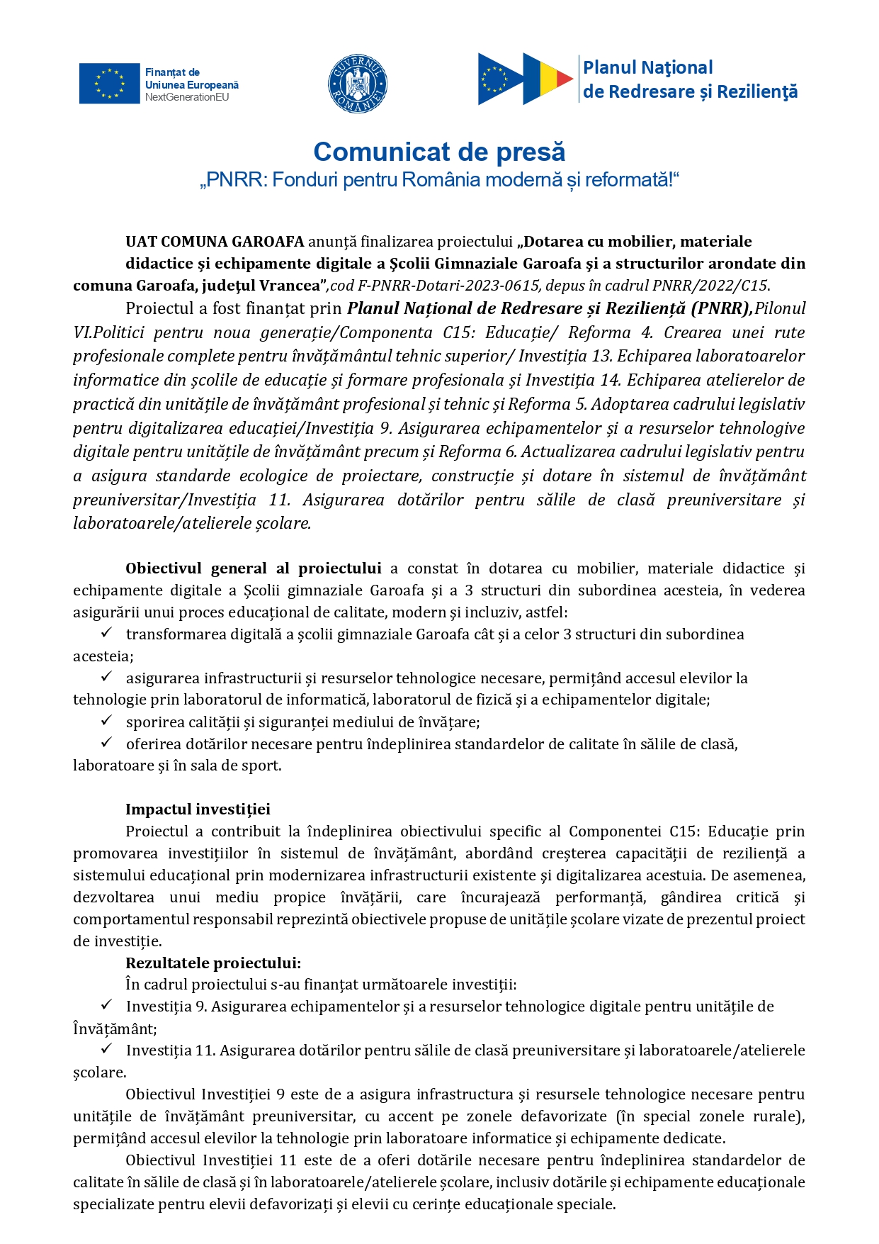 Comunicat de presă UAT COMUNA GAROAFA - Ziarul National