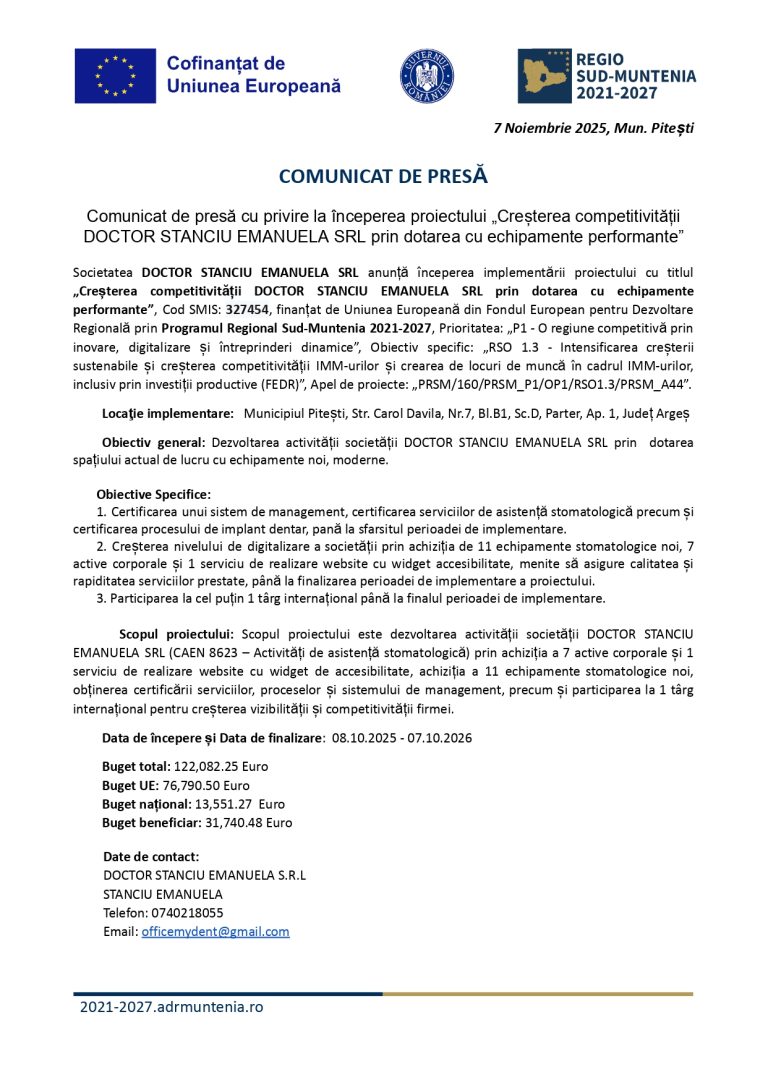 Comunicat de presă DOCTOR STANCIU EMANUELA SRL