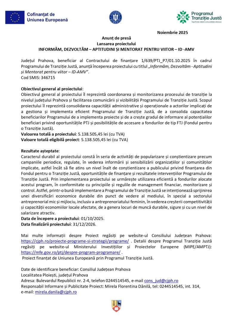 Anunț de presă Lansarea proiectului  INFORMĂM, DEZVOLTĂM – APTITUDINI ȘI MENTORAT PENTRU VIITOR – ID -AMV