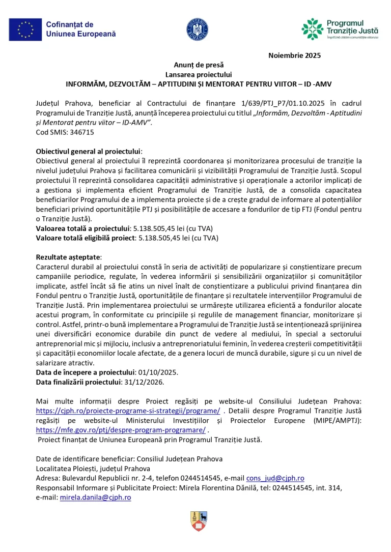 Anunț de presă Lansarea proiectului  INFORMĂM, DEZVOLTĂM – APTITUDINI ȘI MENTORAT PENTRU VIITOR – ID -AMV
