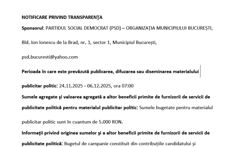 NOTIFICARE PRIVIND TRANSPARENŢA