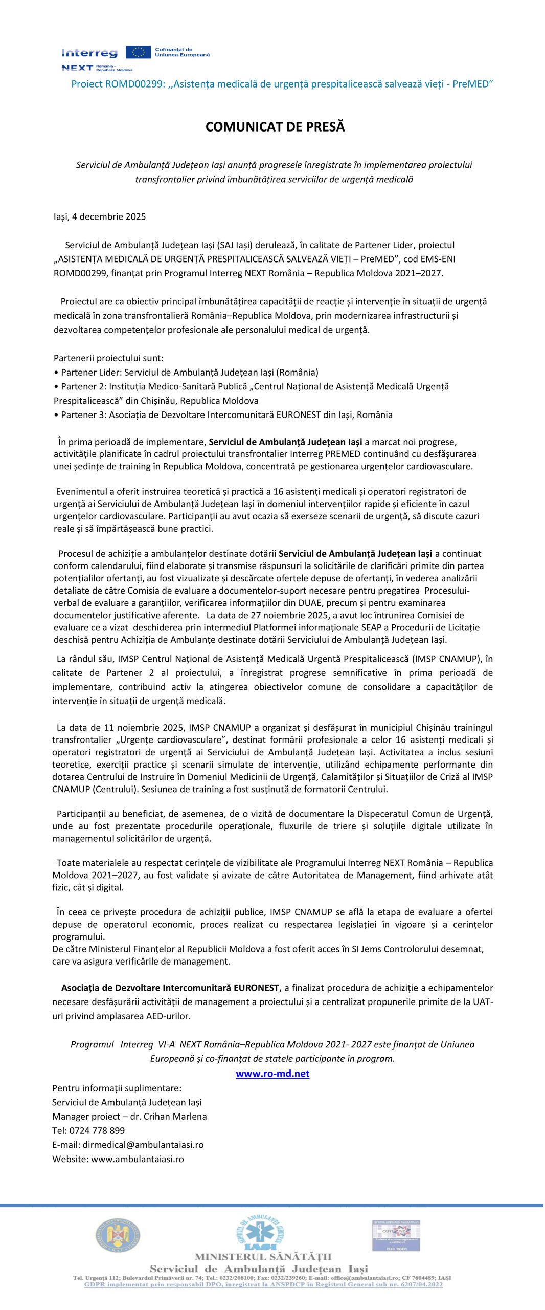 COMUNICAT DE PRESĂ (ARTICOL) pentru proiectul ASISTENȚA MEDICALĂ DE URGENȚĂ PRESPITALICEASCĂ SALVEAZĂ VIEȚI – PreMED, cod EMS-ENI ROMD00299, finanțat prin Programul Interreg NEXT România – Republica Moldova 2021–2027 - Ziarul National