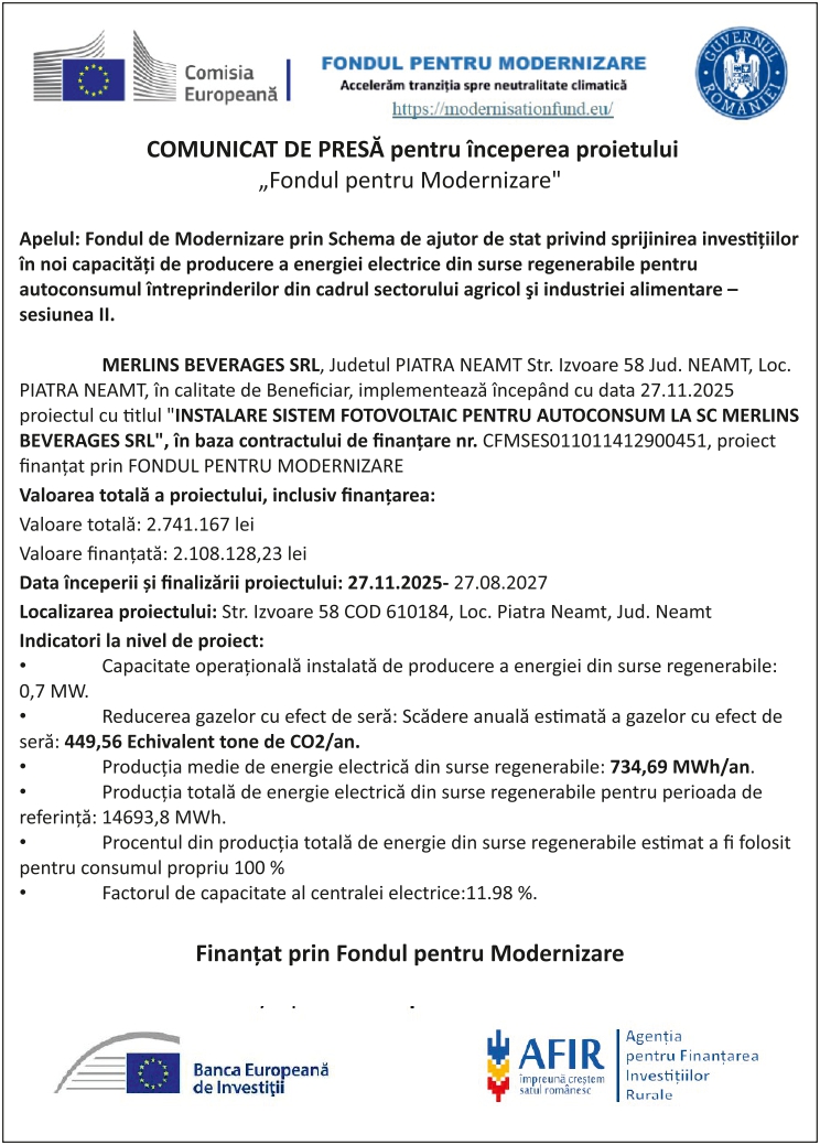 COMUNICAT DE PRESĂ pentru începerea proietului MERLINS BEVERAGES SRL - Ziarul National