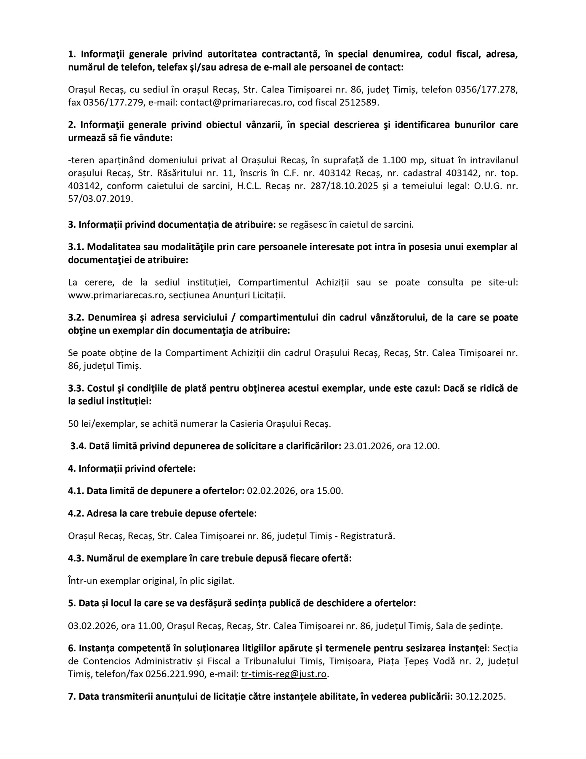 Anunț licitație publică Orașul Recaș - Ziarul National