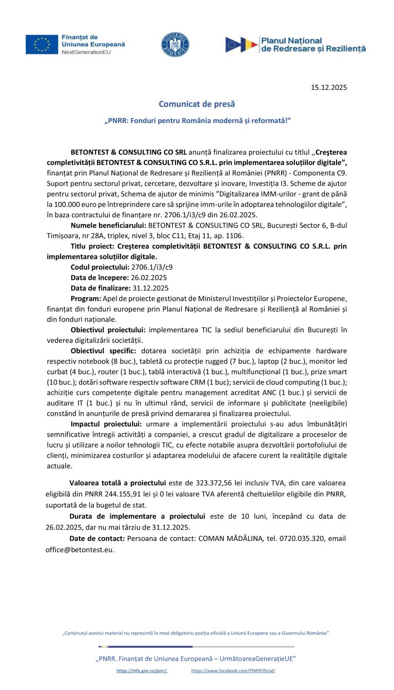 Comunicat de presă BETONTEST & CONSULTING CO SRL