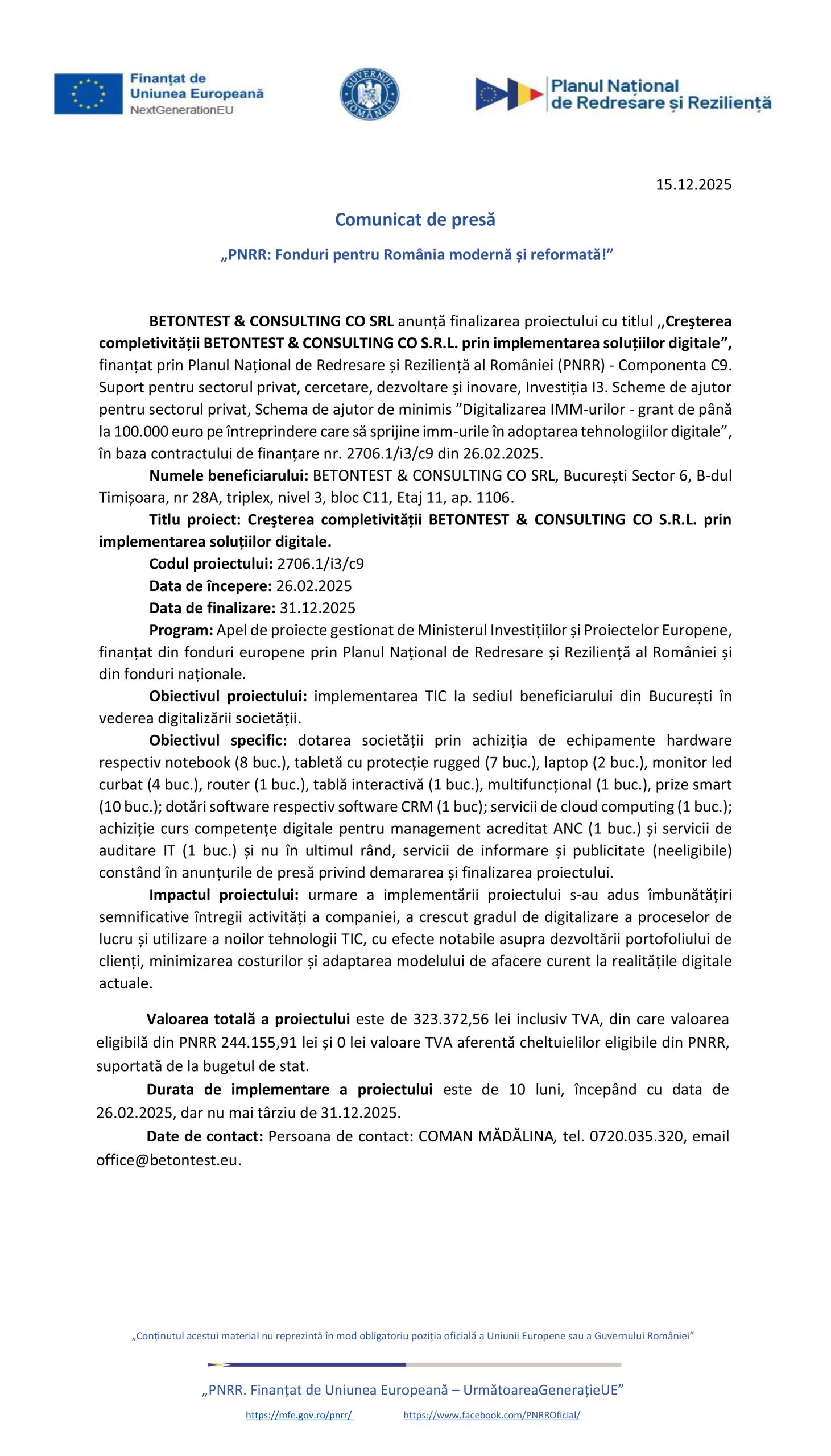 Comunicat de presă BETONTEST & CONSULTING CO SRL - Ziarul National