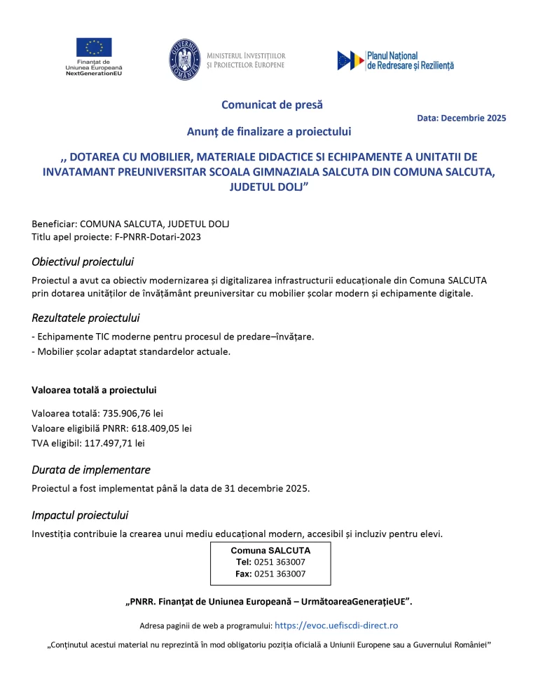Comunicat de presă COMUNA SALCUTA