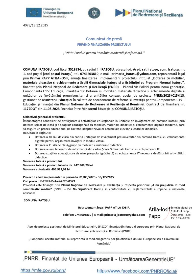 Comunicat de presă COMUNA IRATOȘU